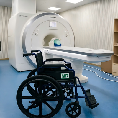 صندلی چرخ دار غیر مغناطیسی حمل و نقل ایمن MRI با 3 فریم قابل تاشو و آلومینیوم سبک